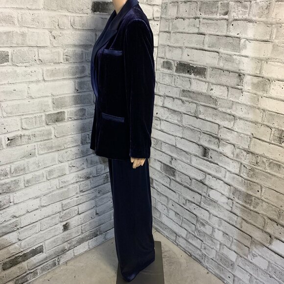 Vintage 90s Tuxedo 2 Pc Suit Set Navy Velvet Blazer Jacket Satin High Rise Pants - Picture 4 of 16